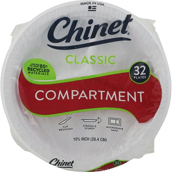 Chinet Classic White Paper Compartment Dinner Plates, 10 3/8”, 32 Count