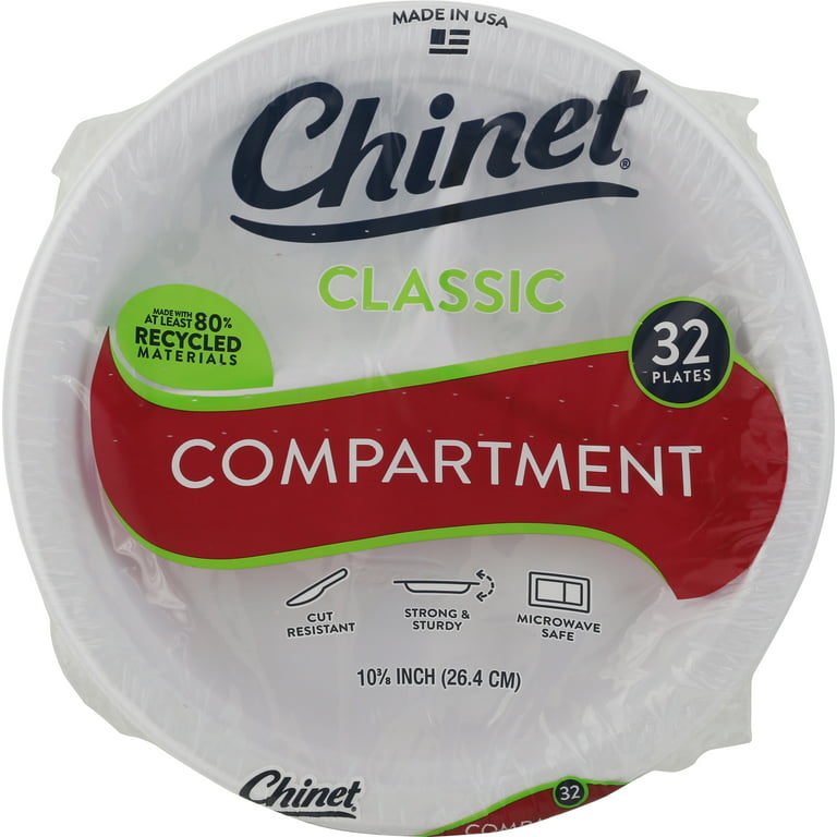 Chinet Classic White Paper Compartment Dinner Plates, 10 3/8”, 32 Count 