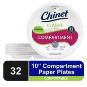 Chinet Classic Premium Disposable Paper Compartment Dinner Plates, White, 10 3/8”, 32 Count