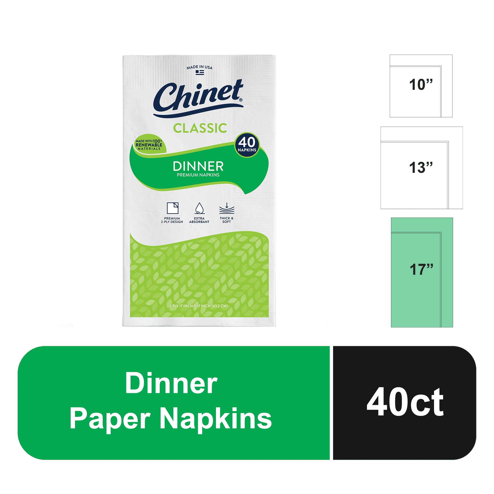 Chinet Classic White Premium Dinner Napkins, 2 Ply, 40 Count