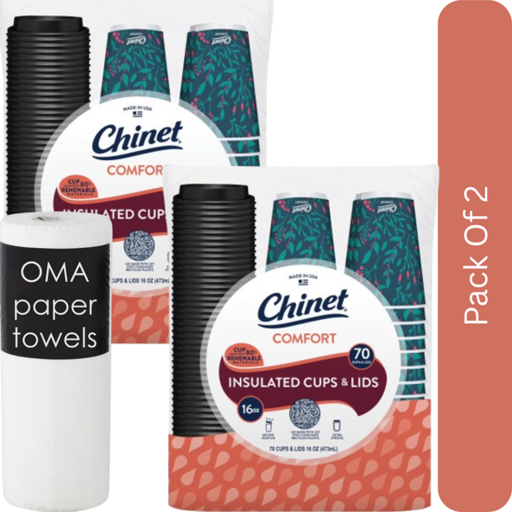 Chinet Comfort Cup and Lids, 16 oz, 70 ct-2pk, With Paper Towel By OMA