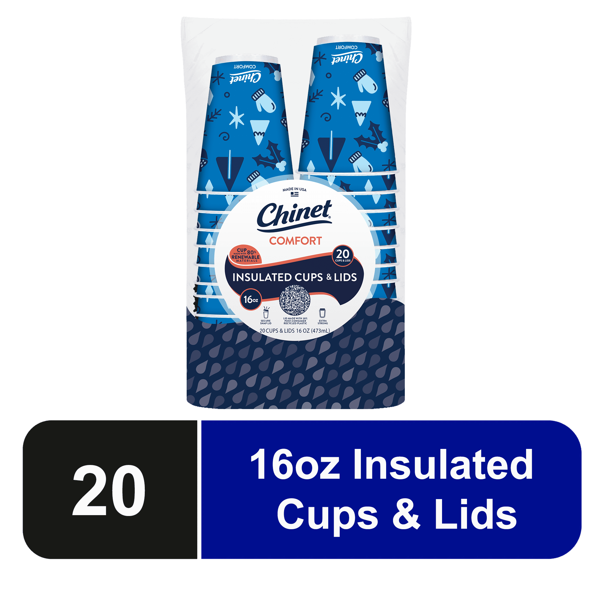 Chinet Comfort® Premium Disposable Paper Hot Cups with Lids, 16 oz, 20 Count Winter Seasonal