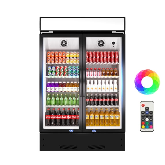 Chingoo 38'' Commercial Drink Refrigerator, 17.1 Cu.Ft Upright Beverage Display Refrigerator with 2 Glass Doors and Light Box-Black