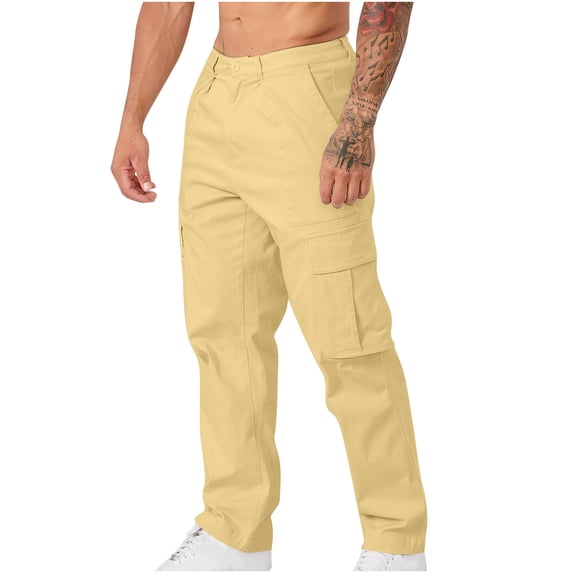 Chino Cargo Pants for Men Casual Work Hiking Pants Button Closure Lightweight Travel Long Trousers with Multi Pockets, Khaki, M
