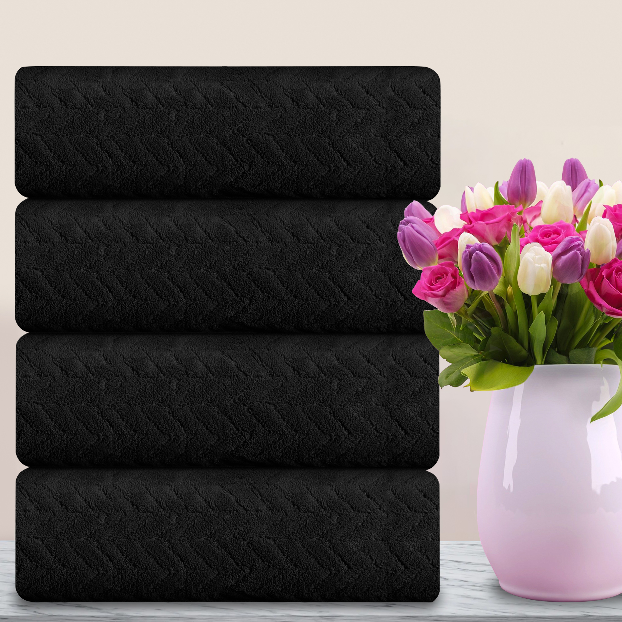 Chino Home 4-Pack Black Bath Towel Set, Oversized Ultra Soft Microfiber Bathroom Towel Set Adult Luxury Lightweight Cozy Collection