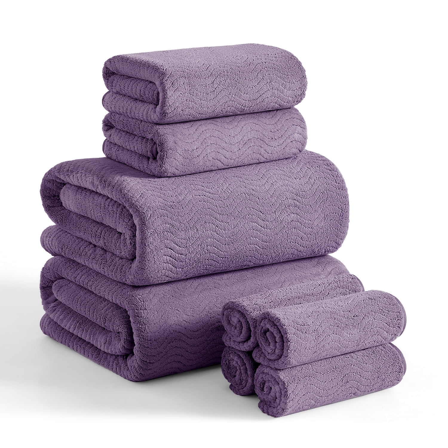 Covina Home 8 Pcs Bath Towel Set Dark Purple Microfiber Bathroom Towel Set Ultra Soft Plush Oversized Towels Adult Luxury Bath Sheet