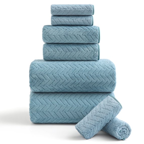 Covian Home 8 Pcs Bath Towel Set Green Pine Microfiber Bathroom Towel Set Ultra Soft Plush Oversized Towels Adult Luxury Bath Sheet