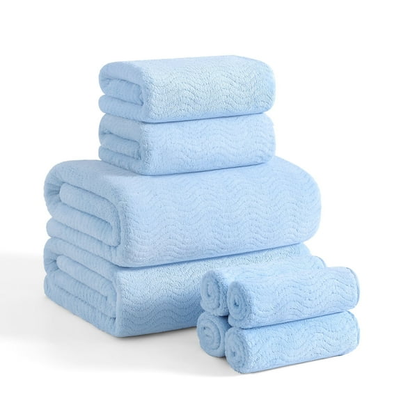 Covina Home 8 Pcs Bath Towel Set Light Blue Microfiber Bathroom Towel Set Ultra Soft Plush Oversized Towels Adult Luxury Bath Sheet