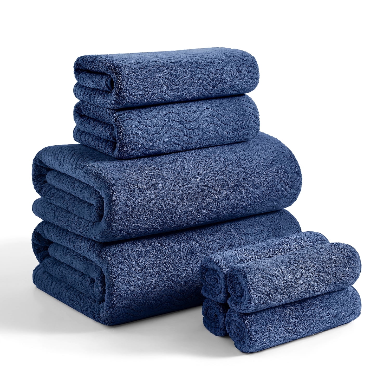 Covina Home 8 Pcs Bath Towel Set Navy Blue Microfiber Bathroom Towel Set Ultra Soft Plush Oversized Towels Adult Luxury Bath Sheet