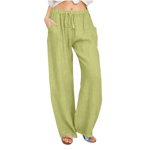 Chino Pants for Women New Women Linen Pants Summer Comfy Flowy Wide Leg Pant Solid Drawstring High Waist Casual Loose Beach Trouser Women's Linen Pants Green 3XL New