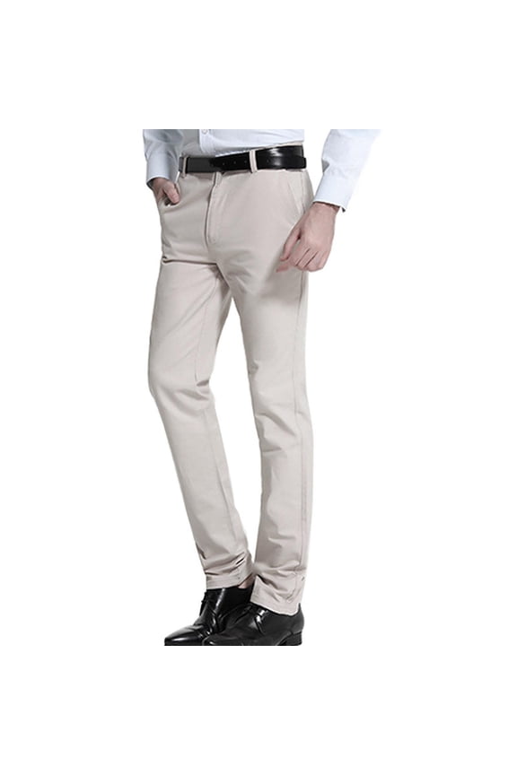 Chino Pants for Men Business Casual Straight Leg Classic Fit Suit Pants Solid Color Work Trousers with Pockets, White, L