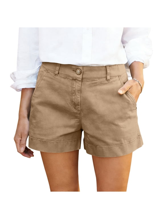 Chino Shorts for Women Business Casual High Waisted Work Dress Shorts Wide Leg Summer Bermuda Short with Pockets, M