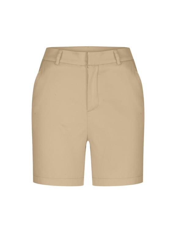 Chino Shorts for Women, Dressy Casual Comfy Slim Fitting Knee Length Pants, Solid Stretchy Bermuda Shorts with Pockets Khaki M