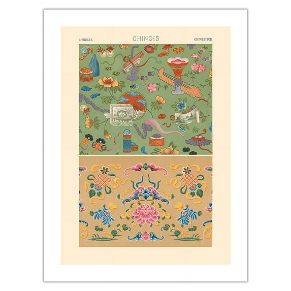 Chinois - Chinese Floral Patterns - Vintage Lithograph Print by Albert Charles Auguste Racinet c.1888 - Fine Art Matte Paper Print (Unframed) 24x32in