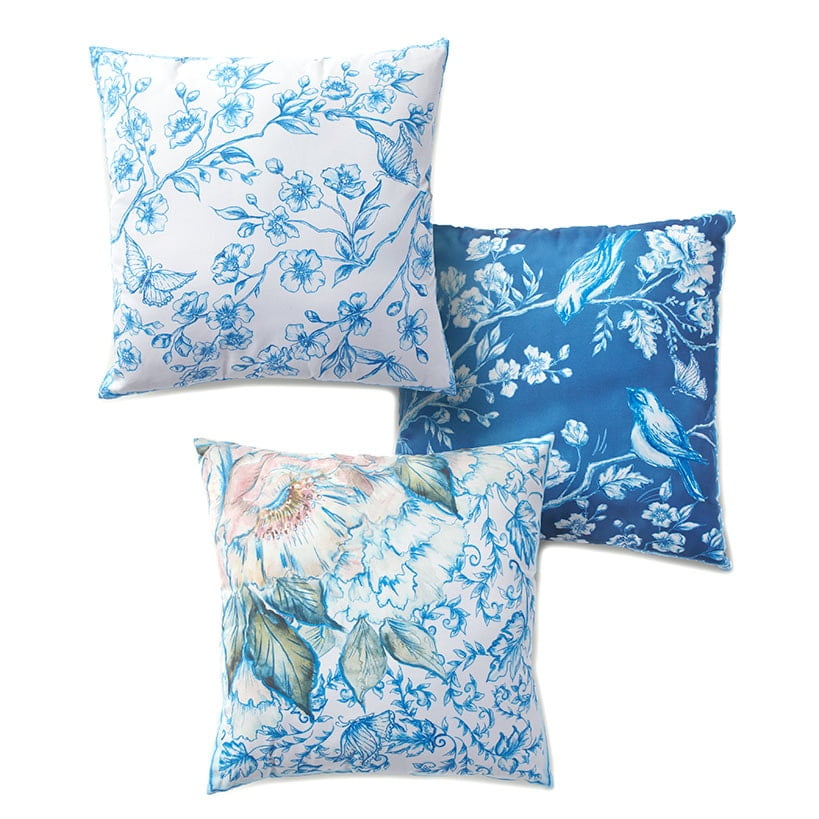 Blue and White Floral Polyester Outdoor Throw Pillow Set - 3 Pieces