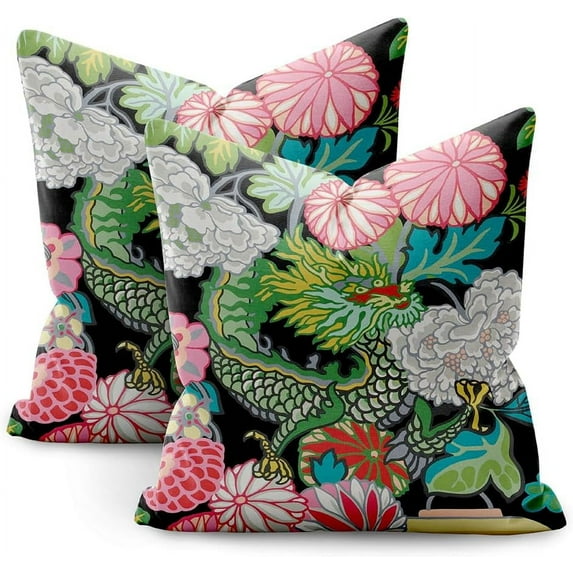 Chinoiserie Animal Dragon Pillow Covers 18x18 Set of 2,Blue and White Pillow Covers Outdoor Decorative Linen Pillow Covers for Couch Bed Sofa Cushion Farmhouse Pillowcases
