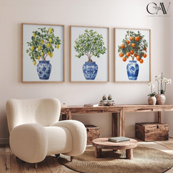Chinoiserie Art Print Citrus Trees Orange Lime Lemon Ginger Jars Chinese Asian Decor Wall Art Gallery Triptych Set 3
