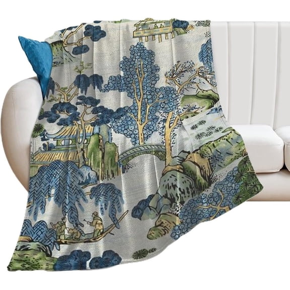 Chinoiserie Asian Scenic Blue Green Throw Blanket Soft Cozy Flannel Fleece Warm Microfiber Blankets for Couch Sofa Bed 40"x50"
