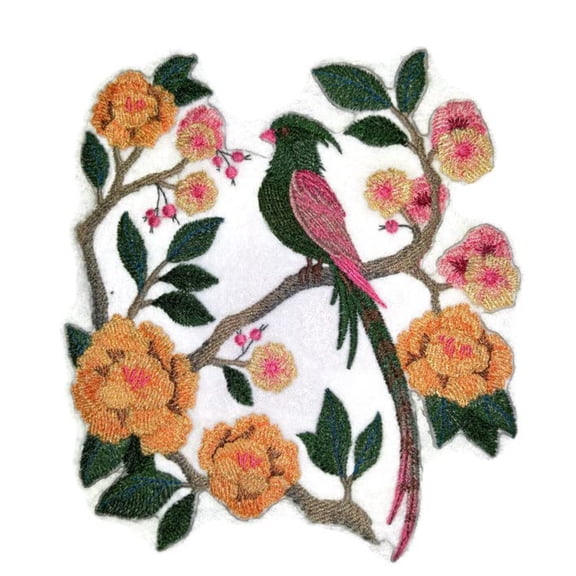 Chinoiserie Bird and Flower Scene Embroidered Iron on/Sew Patch [7" X 6"]