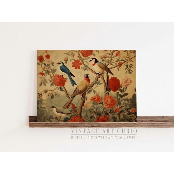 Chinoiserie Birds Floral Print, Vintage Botanical Wall Art Unframed Paper Print