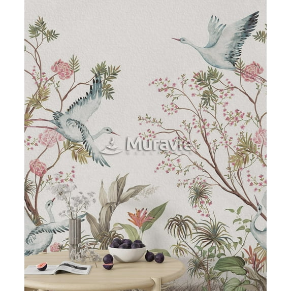 Chinoiserie Birds and Roses Wallpaper, Vintage Roses Modern Wallpaper