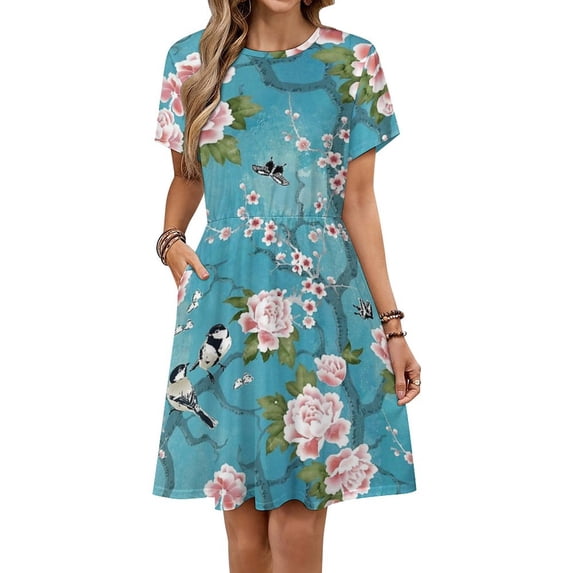 Chinoiserie Birds in Turquoise Blue Women's Dress Short Sleeve Summer Sundress Summer Women Clothes