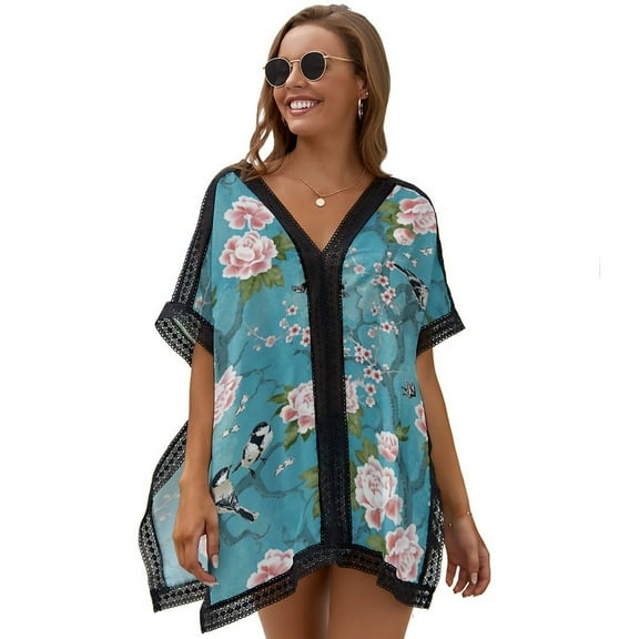 Chinoiserie Birds in Turquoise Blue Women's Swimsuit Coverup Summer Beach Cover Up Bathing Suit Dress