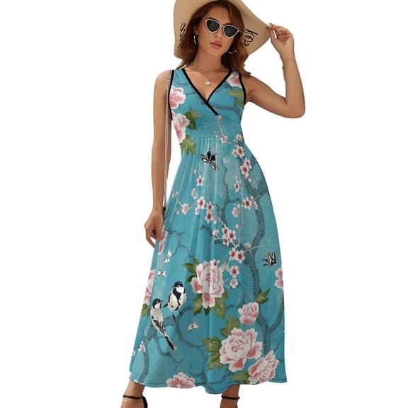 Chinoiserie Birds in Turquoise Blue Womens Night Club Maxi Dress V Neck Sleeveless Bohemia Long Dresses