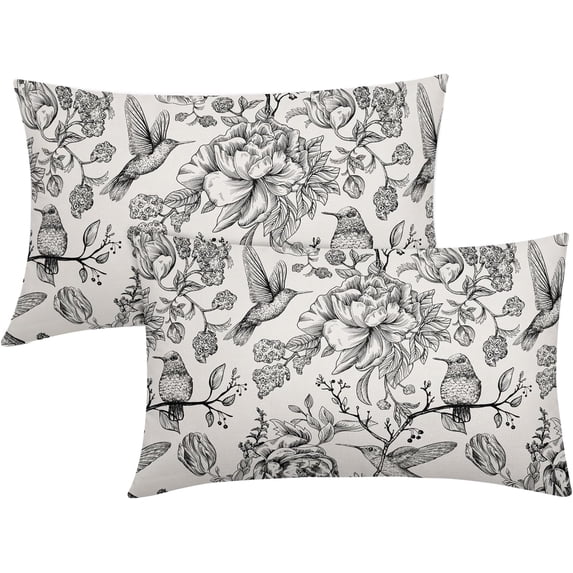 Chinoiserie Black White Floral Lumbar Pillow Covers 12X20 Inch French Country Vintage Flowers Bird Pillow Cases Set of 2 Seasonal Cotton Linen Throw Pillows Farmhouse Home Decor for Sofa Couch