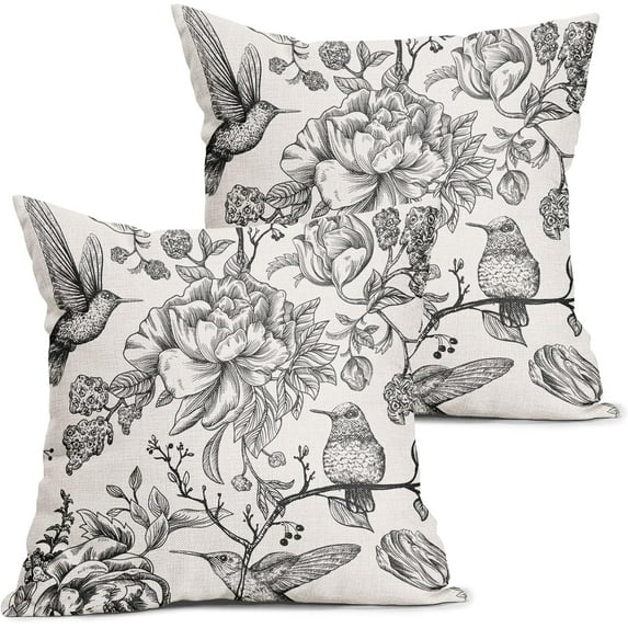 Chinoiserie Black White Floral Pillow Covers 20X20 Inch French Country Vintage Flowers Bird Decorative Pillow Cases Set of 2 Seasonal Cotton Linen Throw Pillows Farmhouse Home Decor For Sofa Couch