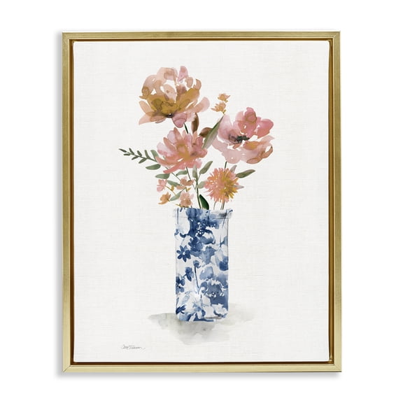 Stupell Industries Chinoiserie Blooms Pink Flowers Gold Framed Floater Canvas Wall Art, design by Carol Robinson, 31 x 25