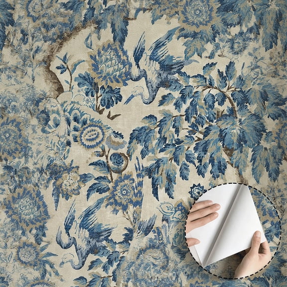 Chinoiserie Blue Crane Floral Wallpaper Vintage Rustic Boho Peel and Stick Wallpaper Contact Paper Waterproof Wall Decor for Living Room Bedroom Bathroom Kitchen Cabinet Dorm Room 17.7 * 118 in