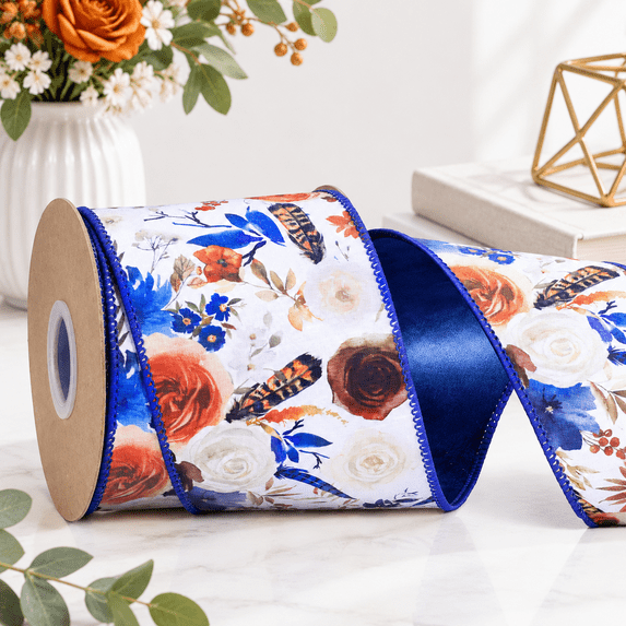 Flor Da Fall Chinoiserie Blue Fall Ribbon Wired Watercolor Flleaves - Walmart.com