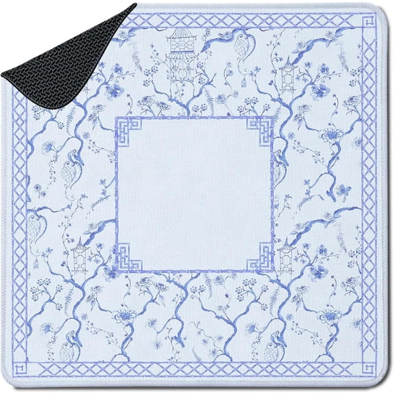 Chinoiserie Blue Flower Mahjong Mat 31.5 x 31.5 in,Poker and Cards, Grand Millenial Asian Chinese Floral Anti-Slip Noise-Reducing Mahjong Mat for Table Board, Games Tile Games