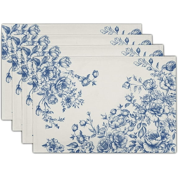 Chinoiserie Blue Flowers Placemats Set of 4, 12x18 Inch Vintage Floral Place Mat Heat Resistant Washable Rectangle Dining Table Mat Farmhouse Kitchen Decor
