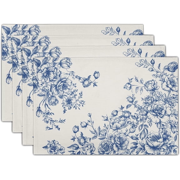 Chinoiserie Blue Flowers Placemats Set of 4, 12x18 Inch Vintage Floral Place Mat Heat Resistant Washable Rectangle Dining Table Mat Farmhouse Kitchen Decor