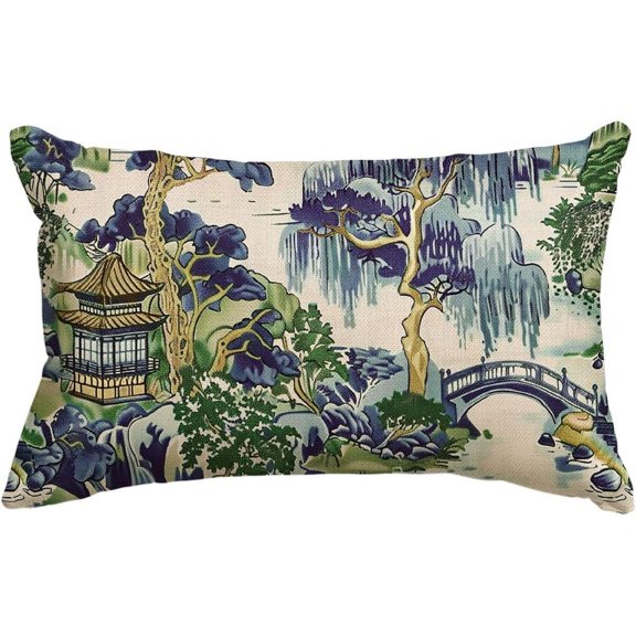 Chinoiserie Blue Trees House Bridge Throw Pillow Cover, 12 x 20 Inch Cushion Case Outdoor Decoration for Sofa Couch Farmhouse