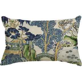 Chinoiserie Blue Trees House Bridge Throw Pillow Cover, 12 x 20 Inch Cushion Case Outdoor Decoration for Sofa Couch Farmhouse