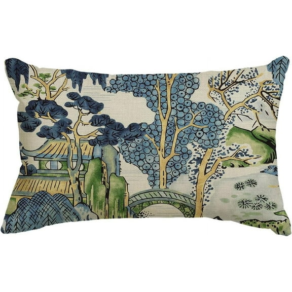 Chinoiserie Blue Trees House Bridge Throw Pillow Cover, 12 x 20 Inch Cushion Case Outdoor Decoration for Sofa Couch Farmhouse