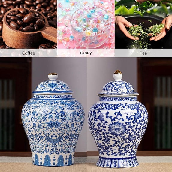 Chinoiserie Blue White Ginger Jars, Porcelain Jar Tea Storage, Ceramic Decorative Ginger Jar with Lid, Chinoiserie Decor Blue and White Vase, Porcelain Vases Decor for Living Room, Bedroom