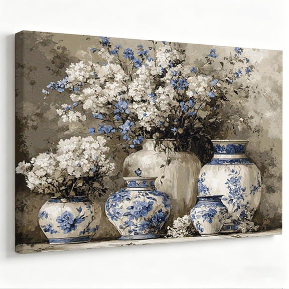 Chinoiserie Blue and White Porcelain Vases Canvas Wall Art Vintage Ceramic Floral Painting Impressionist White Hydrangeas Poster Classic Still Life Art Living Room Bedroom Kitchen Canvas Prints Ready