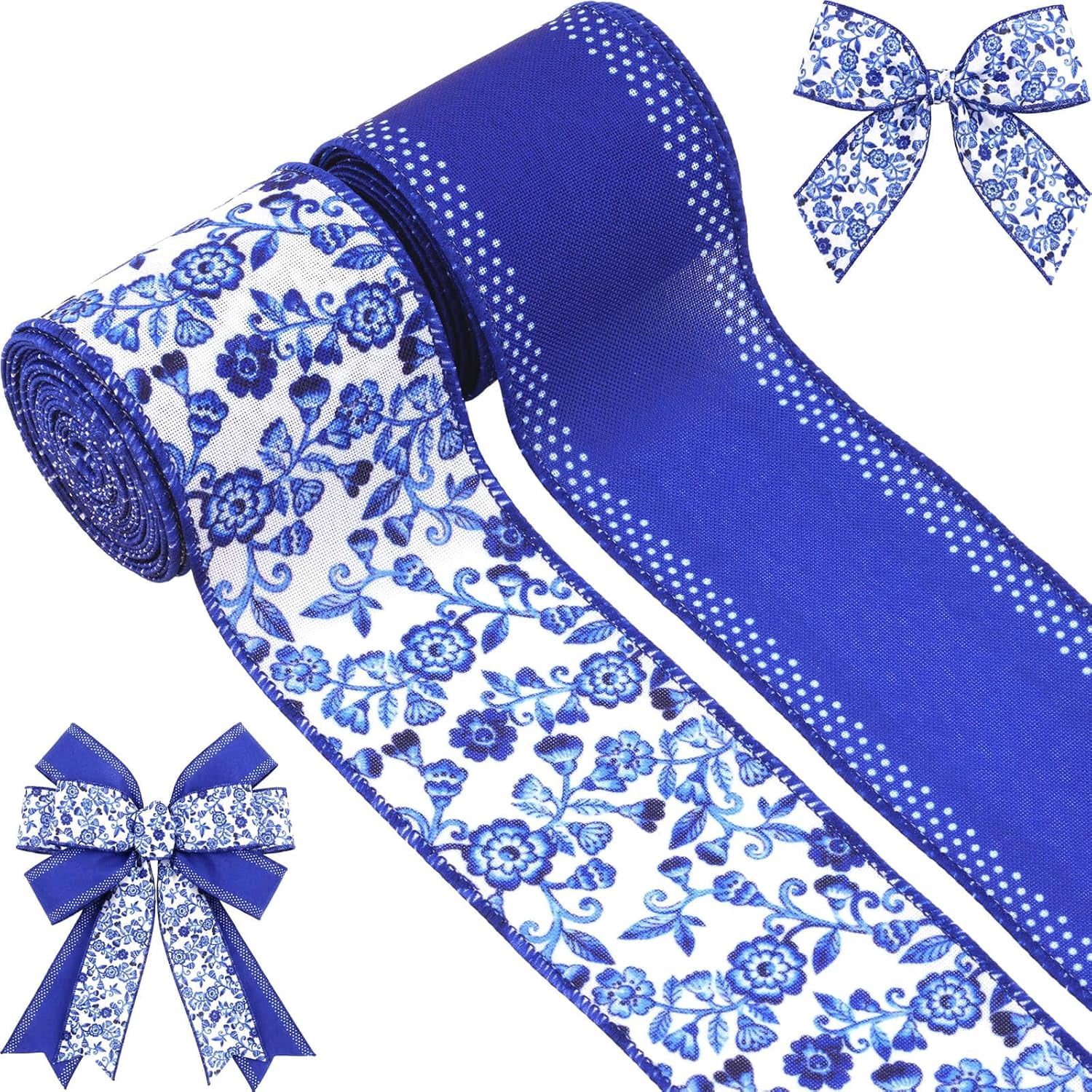 Chinoiserie Blue Wired Edge Ribbon,2 Rolls (2.5 Inch × 5 Yards Each) - Royal Blue with Polka Dot & Floral Vine Pattern Linen Ribbon for Wreaths, Crafts, Bows, Wedding Decorative