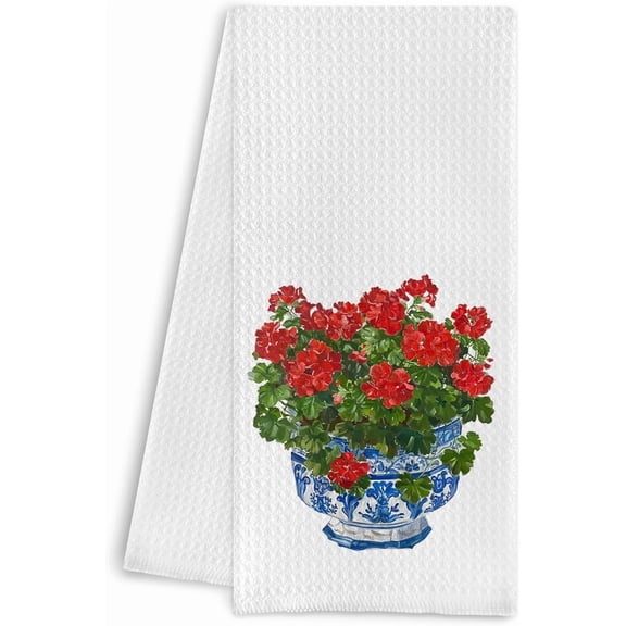 Chinoiserie Blue and White Geranium Porcelain Towels - Kitchen Dish & Bath Hand Towels (16x24 Inches, )