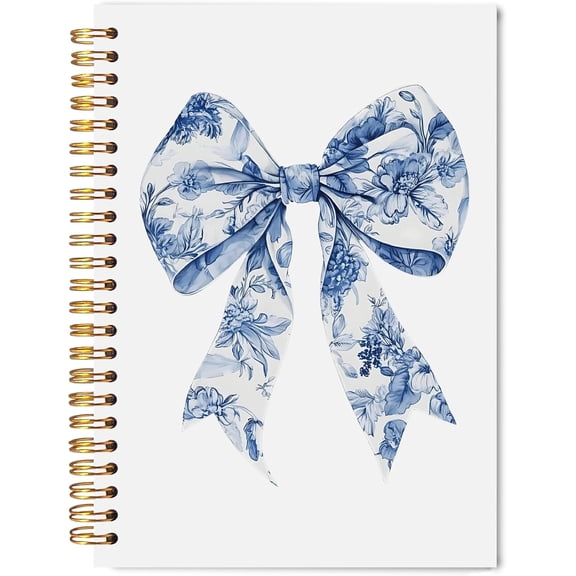 Chinoiserie Bow Spiral Notebook 5.5x8.3, Blue and White Floral Journaling Notebooks, Grandmillennial Bow Journal, Aesthetic Notebooks for Note Taking, Preppy Girly Journals for Writing