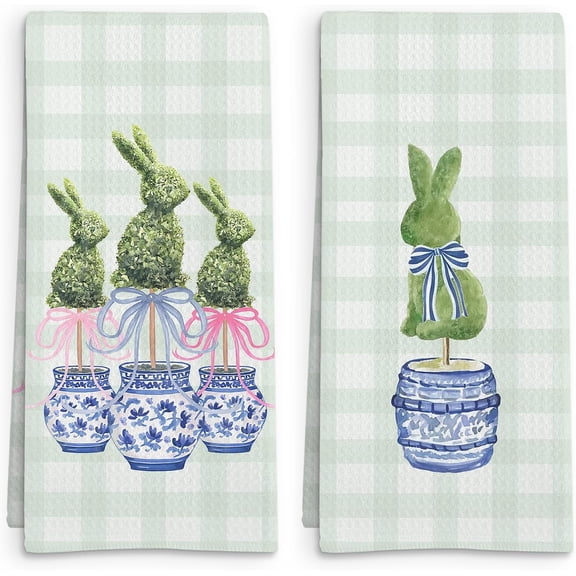 Chinoiserie Bunny Topiary Kitchen Towels Set of 2, Blue and White Chinoiserie Hand Towel, Preppy Bunny Decorative Tea Dish Towels for Kitchen, Funny Easter Rabbit Bathroom Decor, 16x24in(Green)