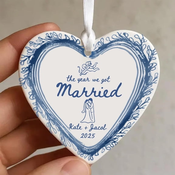 Chinoiserie Ceramic Engagement Ornament - Blue Toile Newlywed Gift 2025, Engaged Couple Personalized Keepsake