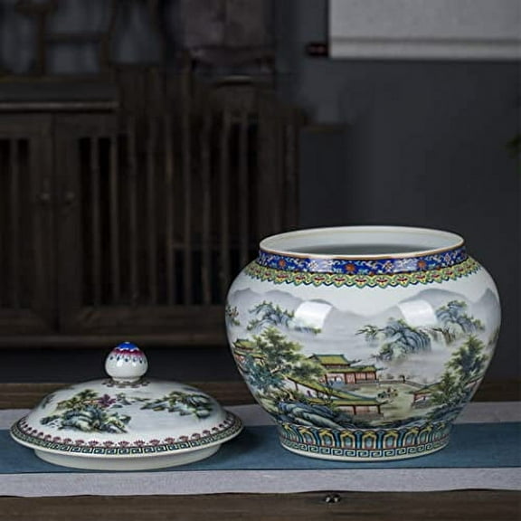 Chinoiserie Ceramic Ginger Jar Vase with Lid,Traditional Chinese Decorative Porcelain Jars Temple Jar, Flower Vases Tea Storage Jar Decor for Living Room C-M