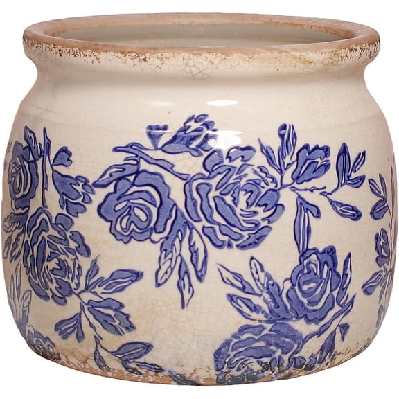 Chinoiserie Ceramic Plant Pot for Garden Decor, 6.29in Rustic Farmhouse Planter with Drainage Hole for House Plants, Blue and White Vase for Centerpiece, Kitchen & Office Decoration, Plant Lover Gift