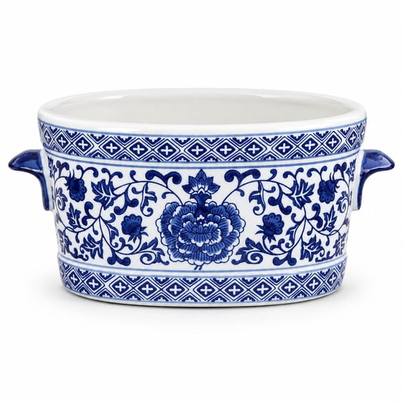 Chinoiserie Ceramic Planter, Oval Cachepot with Floral Patterns, 14 x 7 ...