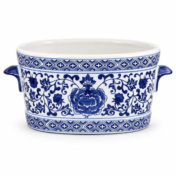 Chinoiserie Ceramic Planter, Oval Cachepot with Floral Patterns, 14 x 7.7 x 6.1 inches, Blue and White, for Succulents or Flowers